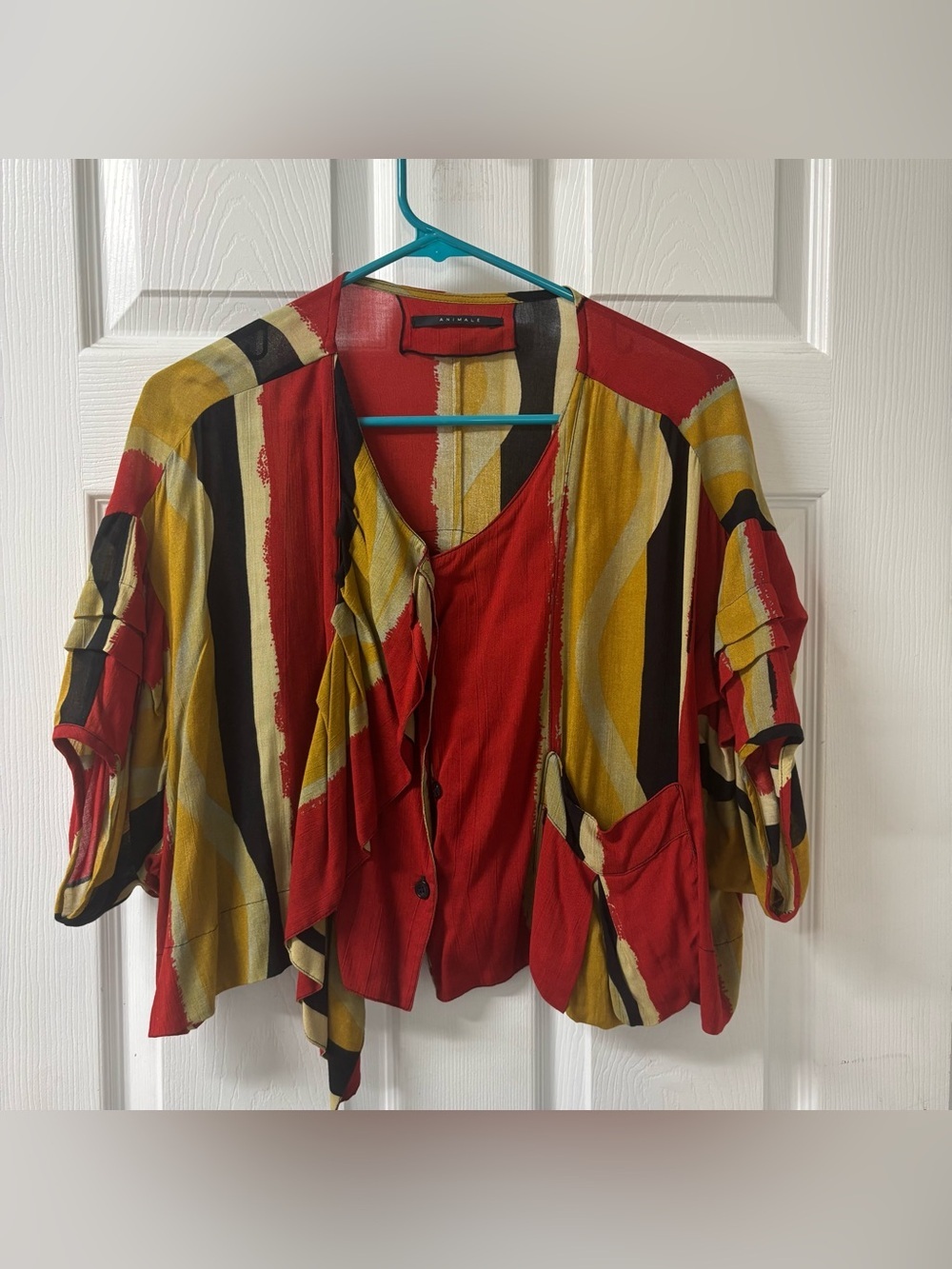 Animale Boho Abstract Print Open Ruffled Front Women’s Blouse Size Medium